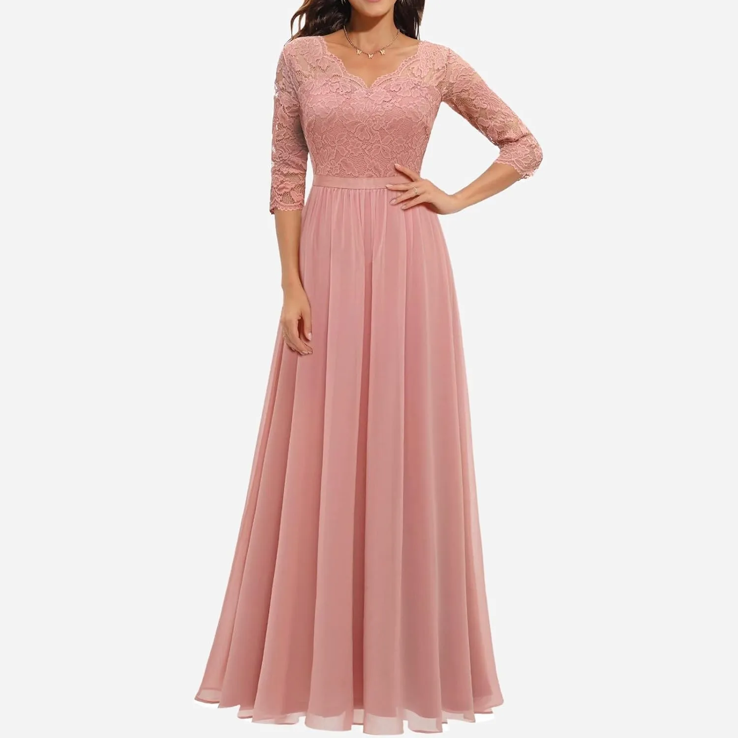 Women's Lace Applique Chiffon Bridesmaid Dress 3/4 Sleeves V Neck Elegant Formal Evening Gowns Party Maxi Dresses