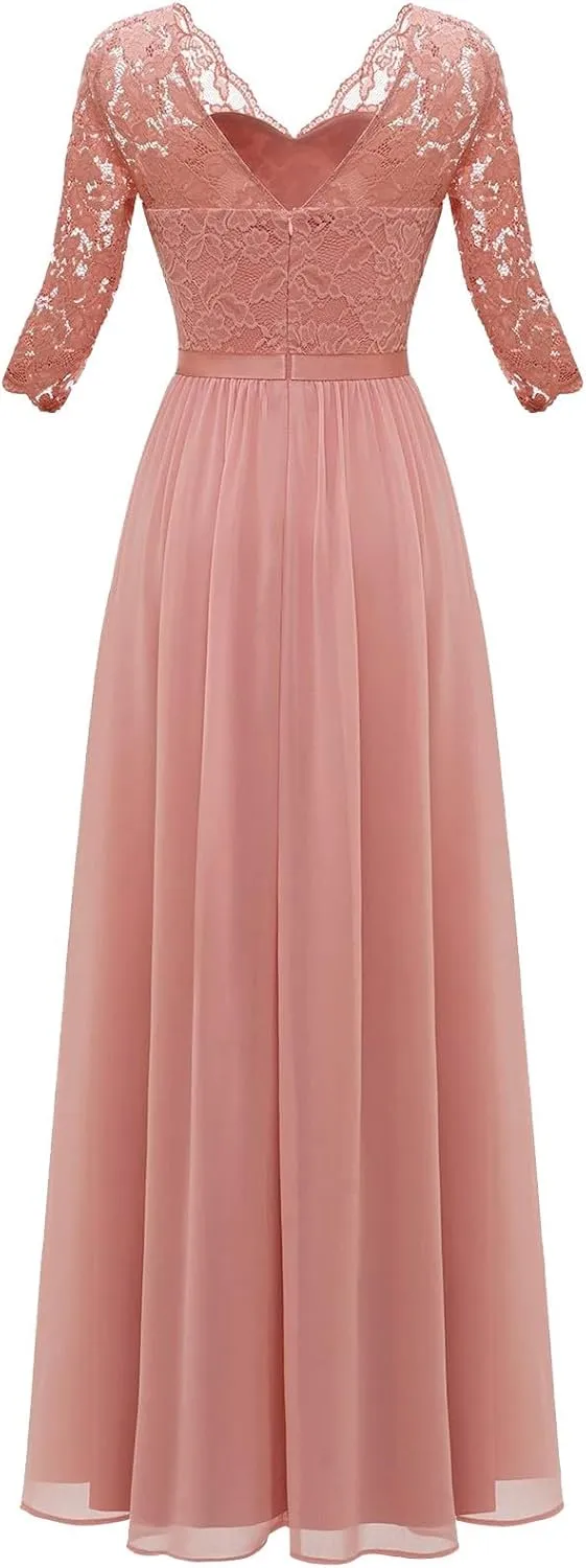 Women's Lace Applique Chiffon Bridesmaid Dress 3/4 Sleeves V Neck Elegant Formal Evening Gowns Party Maxi Dresses
