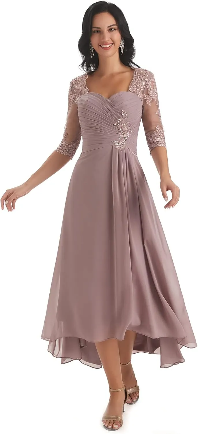 Women's Lace Bodice Mother of The Bride Dresses Tea Length for Wedding A-Line Chiffon Pleated Formal Party Gown