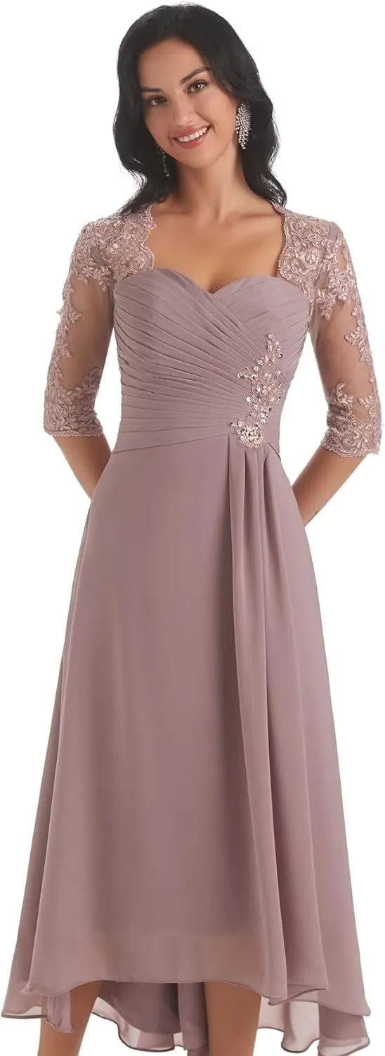 Women's Lace Bodice Mother of The Bride Dresses Tea Length for Wedding A-Line Chiffon Pleated Formal Party Gown