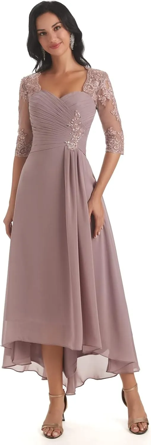 Women's Lace Bodice Mother of The Bride Dresses Tea Length for Wedding A-Line Chiffon Pleated Formal Party Gown