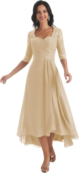 Women's Lace Bodice Mother of The Bride Dresses Tea Length for Wedding A-Line Chiffon Pleated Formal Party Gown