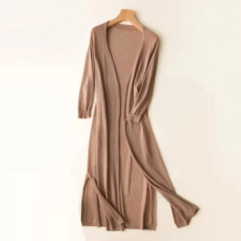 Womens Long Cardigan  Lightweight Knit  Open Front  3/4 Sleeve  Relaxed Fit