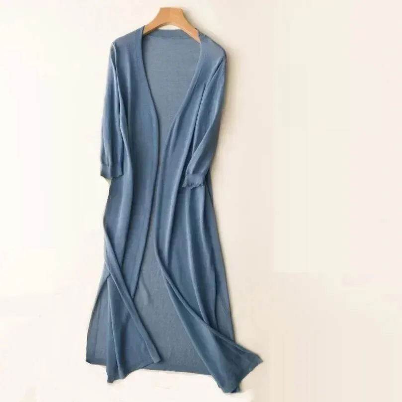 Womens Long Cardigan  Lightweight Knit  Open Front  3/4 Sleeve  Relaxed Fit
