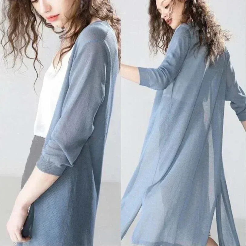 Womens Long Cardigan  Lightweight Knit  Open Front  3/4 Sleeve  Relaxed Fit