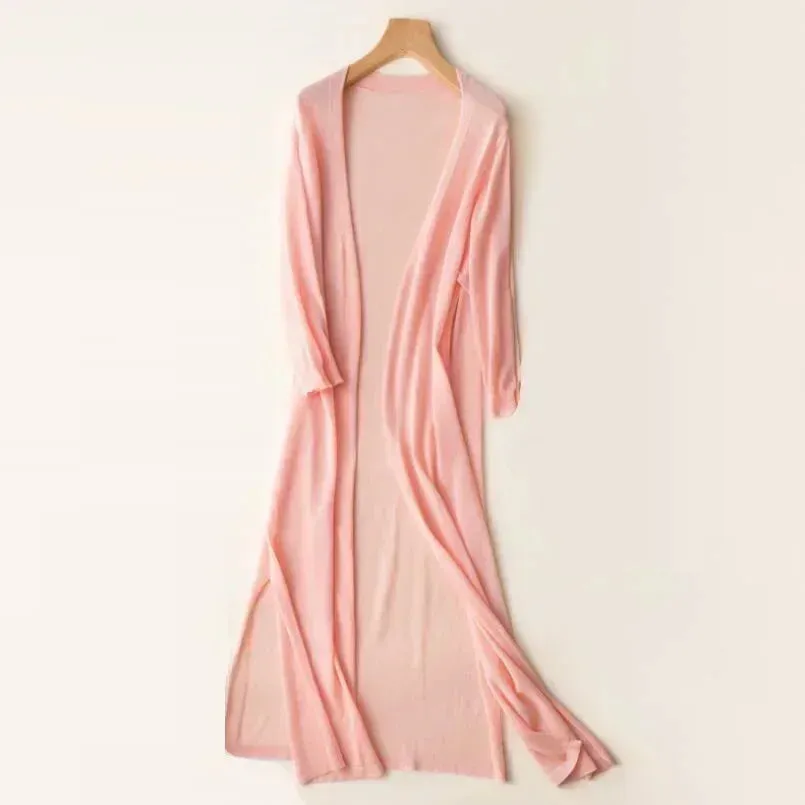 Womens Long Cardigan  Lightweight Knit  Open Front  3/4 Sleeve  Relaxed Fit