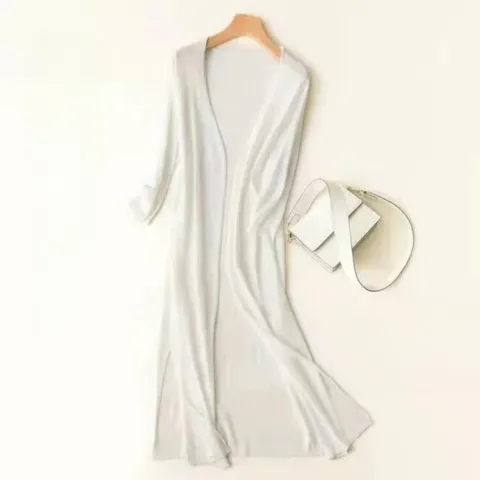 Womens Long Cardigan  Lightweight Knit  Open Front  3/4 Sleeve  Relaxed Fit