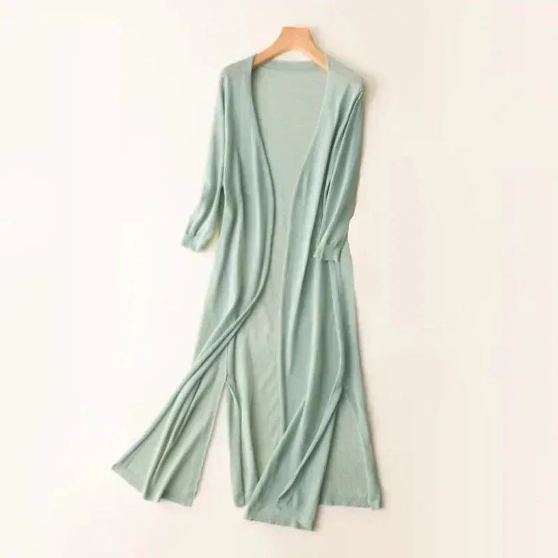 Womens Long Cardigan  Lightweight Knit  Open Front  3/4 Sleeve  Relaxed Fit