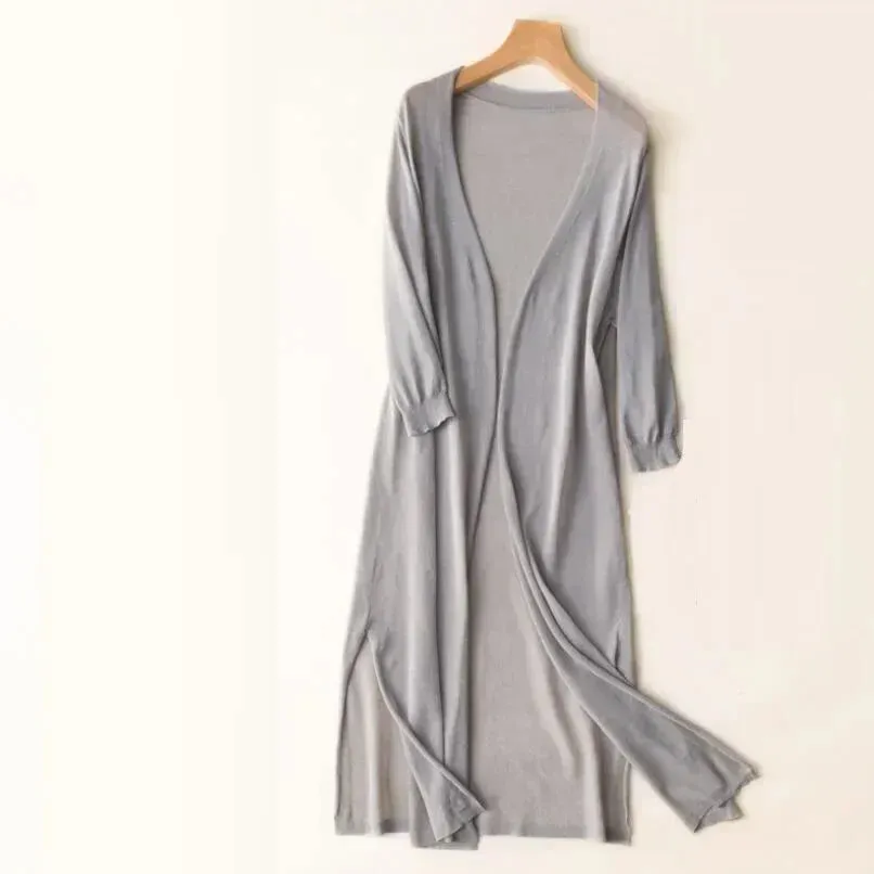 Womens Long Cardigan  Lightweight Knit  Open Front  3/4 Sleeve  Relaxed Fit