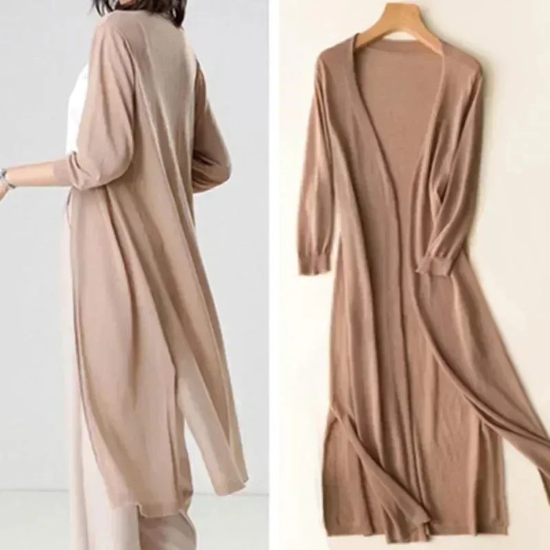 Womens Long Cardigan  Lightweight Knit  Open Front  3/4 Sleeve  Relaxed Fit