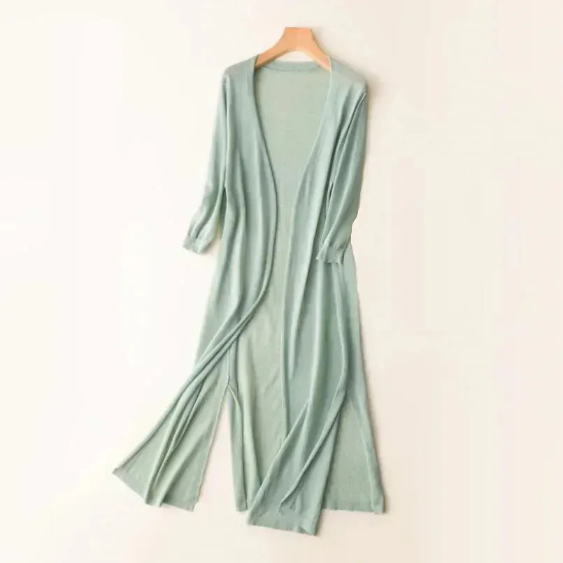 Womens Long Cardigan  Lightweight Knit  Open Front  3/4 Sleeve  Relaxed Fit