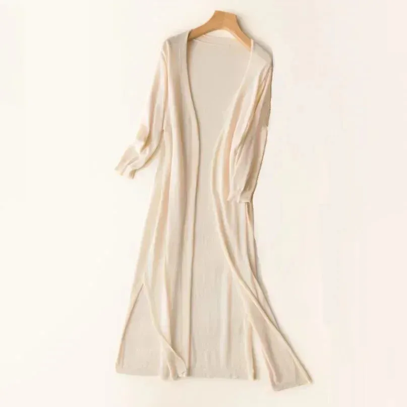 Womens Long Cardigan  Lightweight Knit  Open Front  3/4 Sleeve  Relaxed Fit