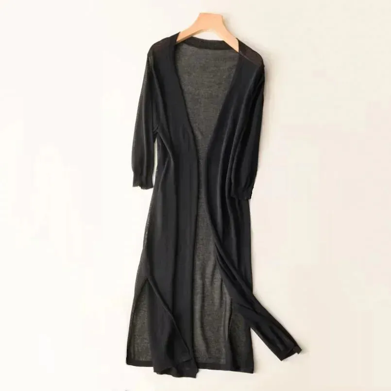 Womens Long Cardigan  Lightweight Knit  Open Front  3/4 Sleeve  Relaxed Fit