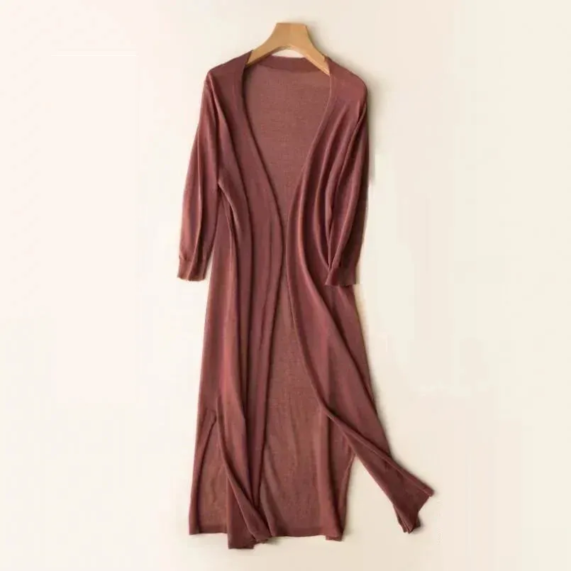 Womens Long Cardigan  Lightweight Knit  Open Front  3/4 Sleeve  Relaxed Fit