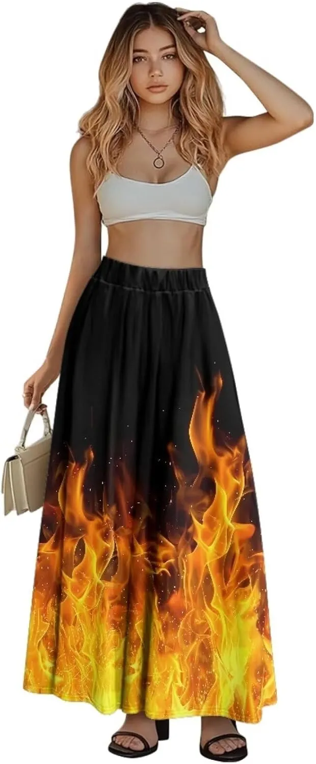 Womens Long Skirt Pleated Swing Party Cocktail High Waist Skirts A-Line Ruffle Flared Maxi Skirts with Pockets