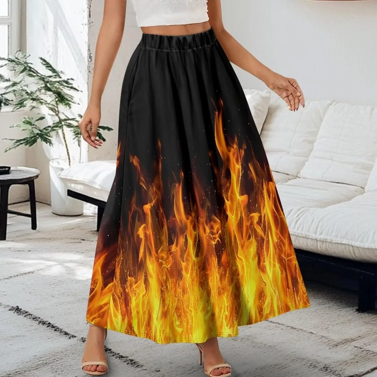 Womens Long Skirt Pleated Swing Party Cocktail High Waist Skirts A-Line Ruffle Flared Maxi Skirts with Pockets