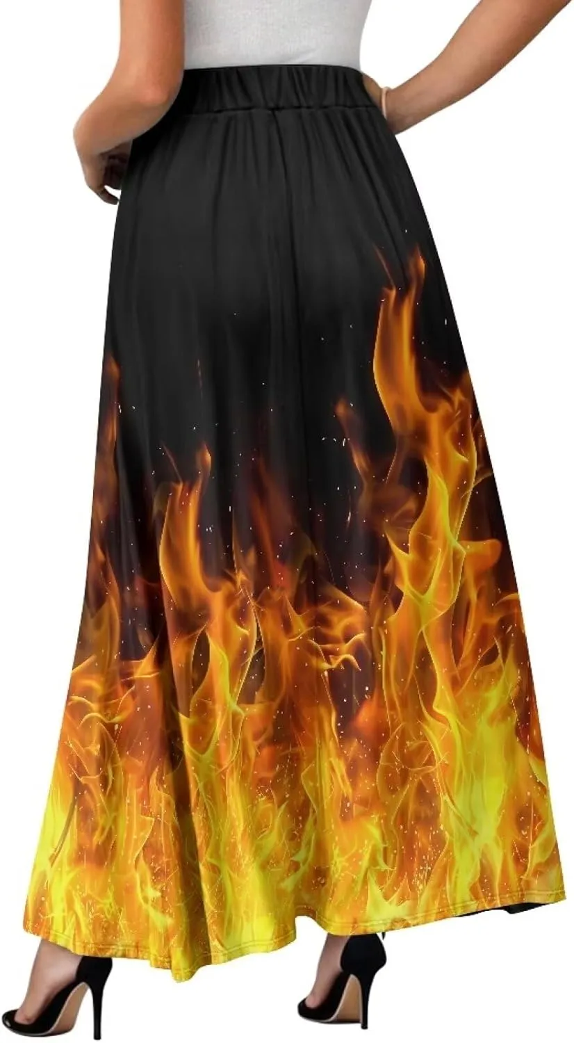 Womens Long Skirt Pleated Swing Party Cocktail High Waist Skirts A-Line Ruffle Flared Maxi Skirts with Pockets