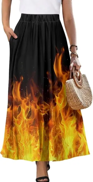 Womens Long Skirt Pleated Swing Party Cocktail High Waist Skirts A-Line Ruffle Flared Maxi Skirts with Pockets
