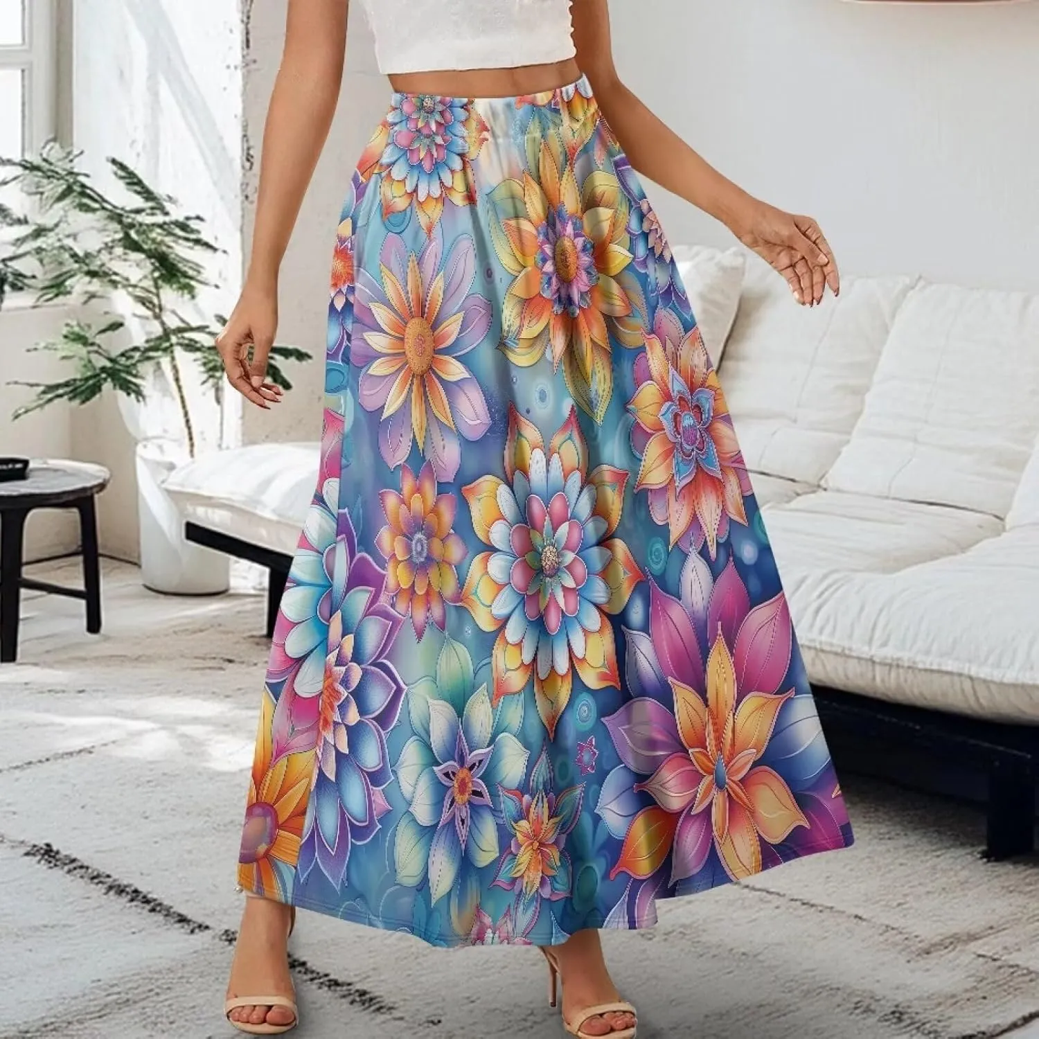 Women's Long Skirt Swing Party Wedding High Waisted Maxi Skirts Elegant Flared A-Line Ruffle Skirts with Pockets