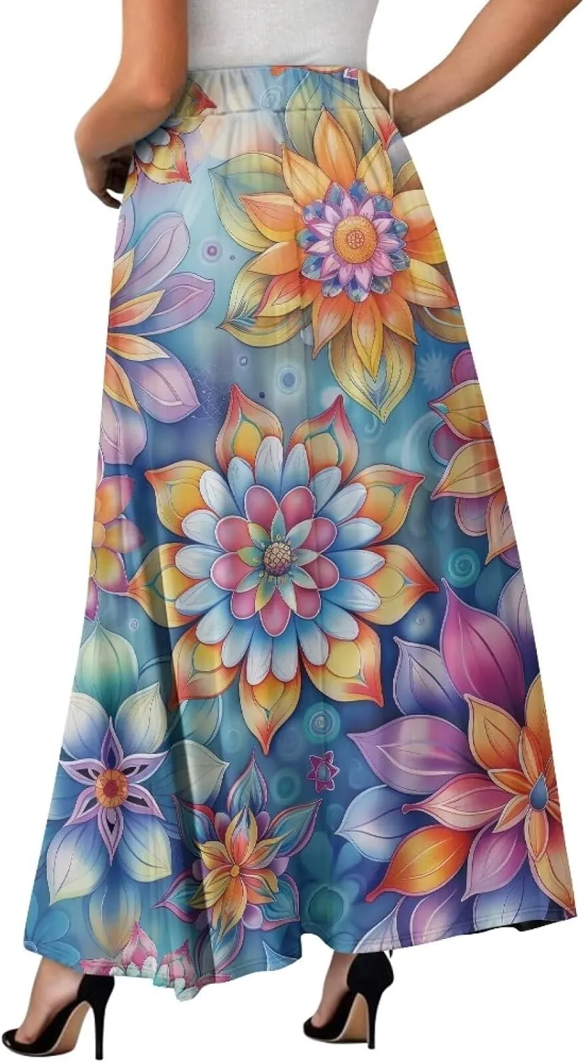 Women's Long Skirt Swing Party Wedding High Waisted Maxi Skirts Elegant Flared A-Line Ruffle Skirts with Pockets