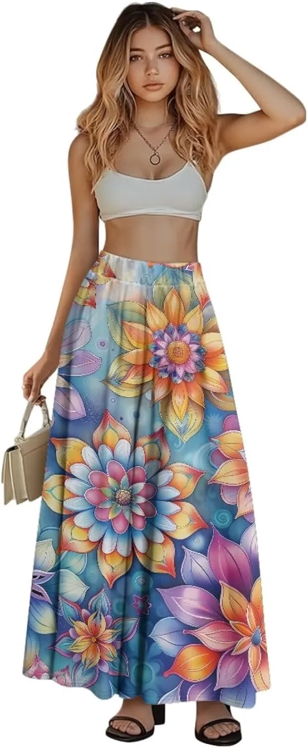 Women's Long Skirt Swing Party Wedding High Waisted Maxi Skirts Elegant Flared A-Line Ruffle Skirts with Pockets