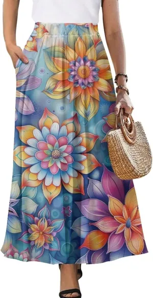 Women's Long Skirt Swing Party Wedding High Waisted Maxi Skirts Elegant Flared A-Line Ruffle Skirts with Pockets