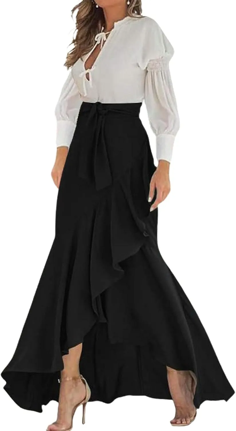 Women's Maxi A-Line Flowy Skirt Ruffle Plus Size Tie Hige Waist Asymmetric Hem Swing Long Skirts