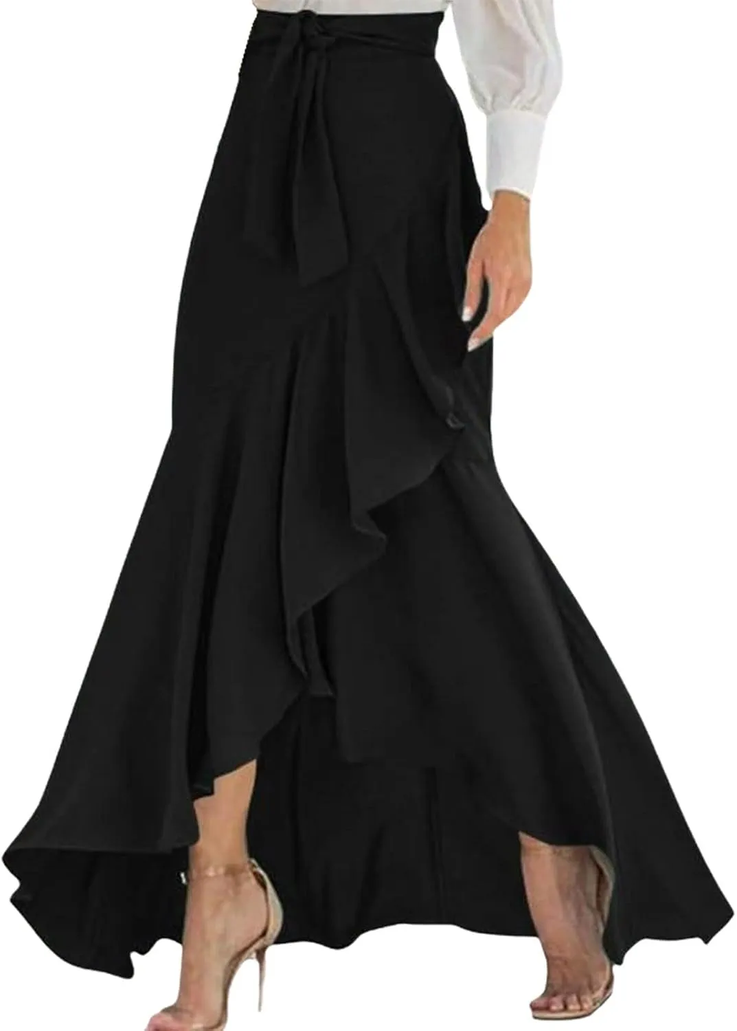 Women's Maxi A-Line Flowy Skirt Ruffle Plus Size Tie Hige Waist Asymmetric Hem Swing Long Skirts