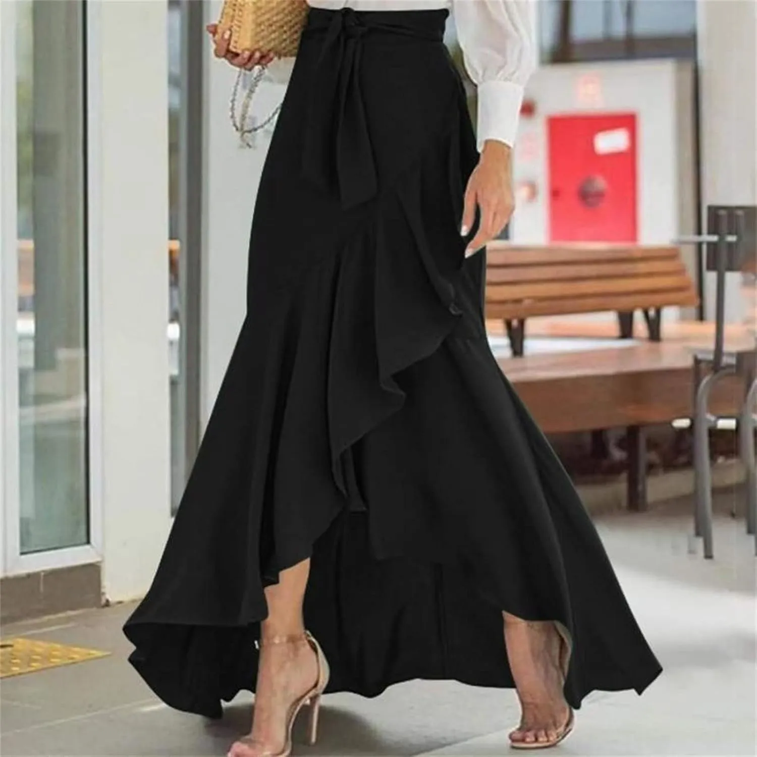 Women's Maxi A-Line Flowy Skirt Ruffle Plus Size Tie Hige Waist Asymmetric Hem Swing Long Skirts