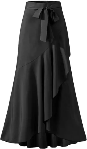 Women's Maxi A-Line Flowy Skirt Ruffle Plus Size Tie Hige Waist Asymmetric Hem Swing Long Skirts
