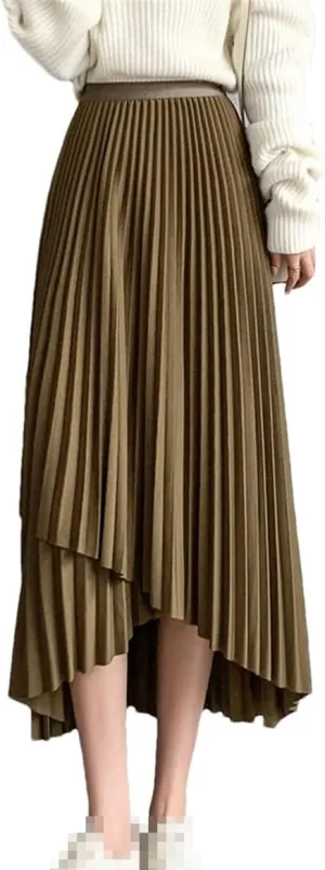 Women's Midi Pleated Skirt Slim Elastic Waist Vintage A-Line Fashion Skirt