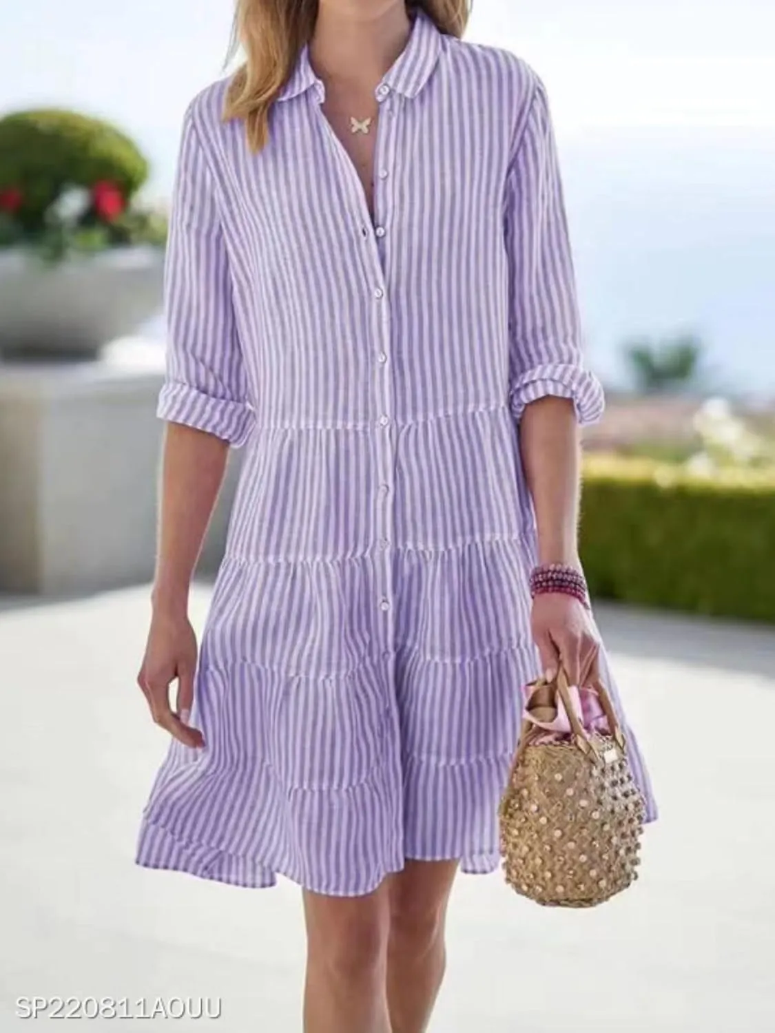 Womens Mini Dress Summer Striped Lapel Button Down Long Sleeve Dresses Casual Tummy Control A Lien Beach Sundress