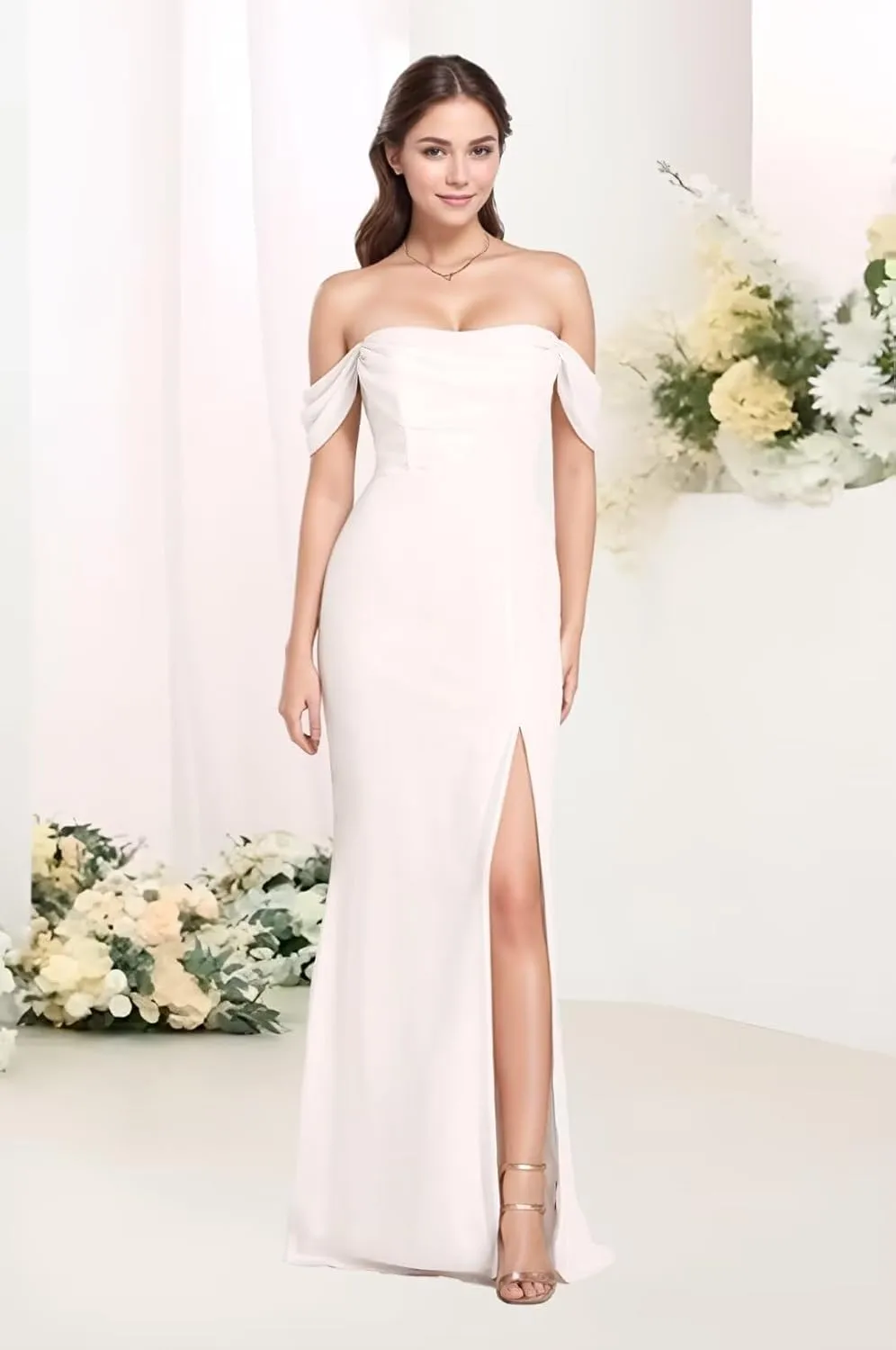 Women's Off Shoulder Bridesmaid Dresses for Wedding 2024 Mermaid Chiffon Long Corset Formal Evening Gown with Slit