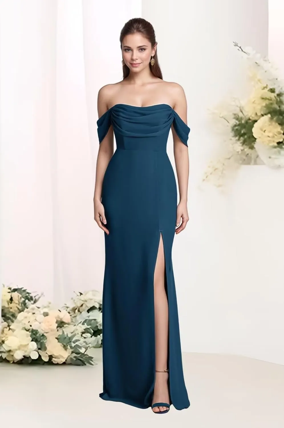 Women's Off Shoulder Bridesmaid Dresses for Wedding 2024 Mermaid Chiffon Long Corset Formal Evening Gown with Slit
