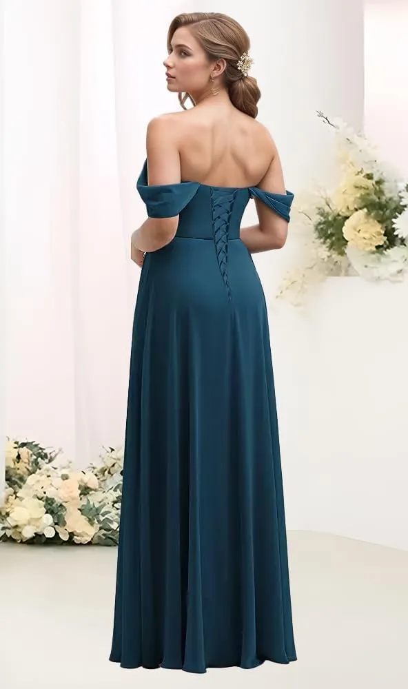 Women's Off Shoulder Bridesmaid Dresses for Wedding 2024 Mermaid Chiffon Long Corset Formal Evening Gown with Slit
