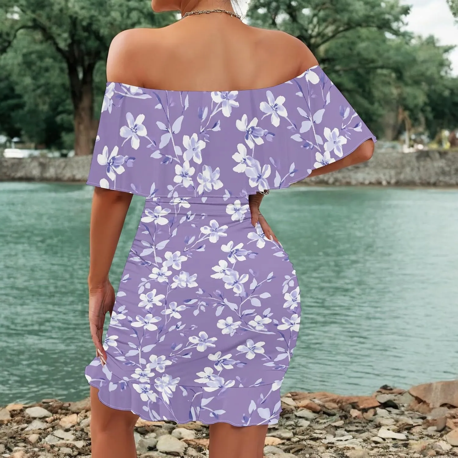 Women's One Shoulder Bubble Dress Bodycon Floral Ruffle Hem Mini Dress Trendy Summer Party Babydoll Dresses