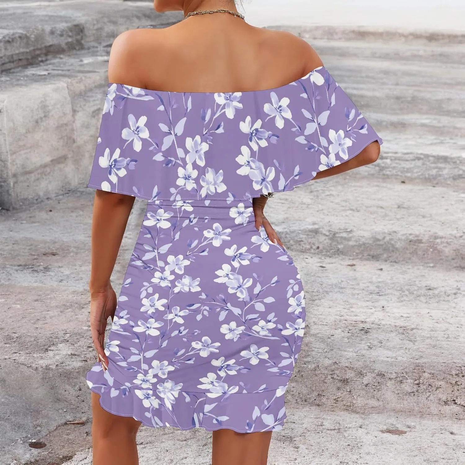 Women's One Shoulder Bubble Dress Bodycon Floral Ruffle Hem Mini Dress Trendy Summer Party Babydoll Dresses