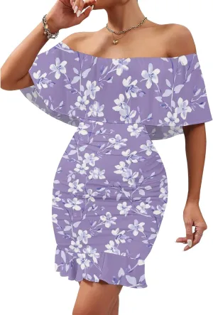 Women's One Shoulder Bubble Dress Bodycon Floral Ruffle Hem Mini Dress Trendy Summer Party Babydoll Dresses