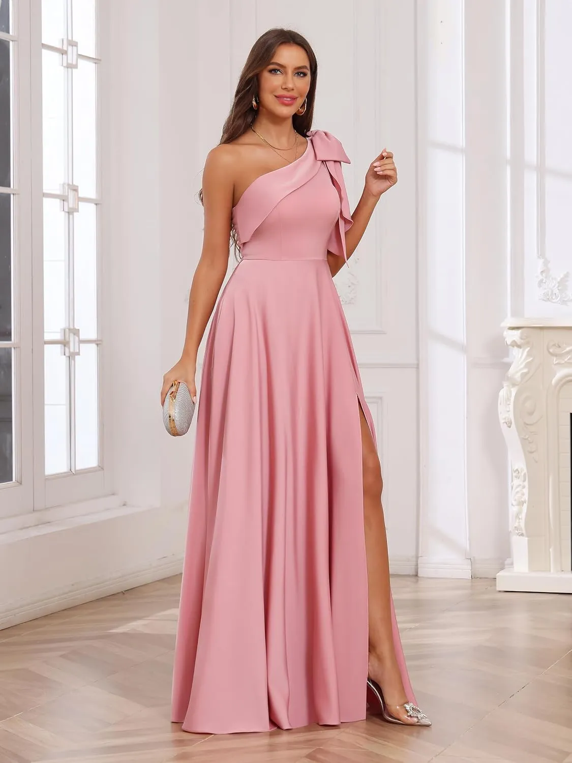Women's One Shoulder Satin Bridesmaid Dresses with Bow Long A Line Formal Dress with Split AD038