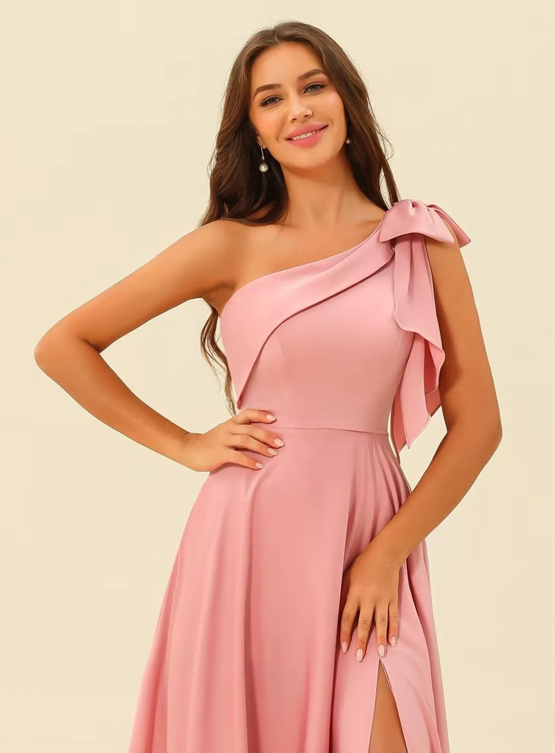 Women's One Shoulder Satin Bridesmaid Dresses with Bow Long A Line Formal Dress with Split AD038
