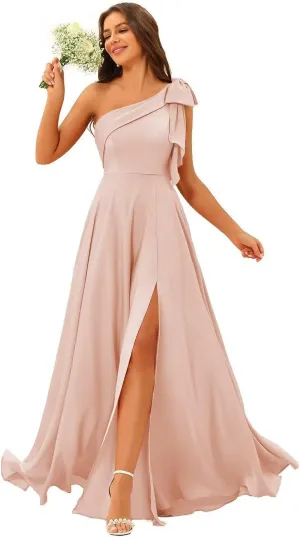 Women's One Shoulder Satin Bridesmaid Dresses with Bow Long A Line Formal Dress with Split AD038