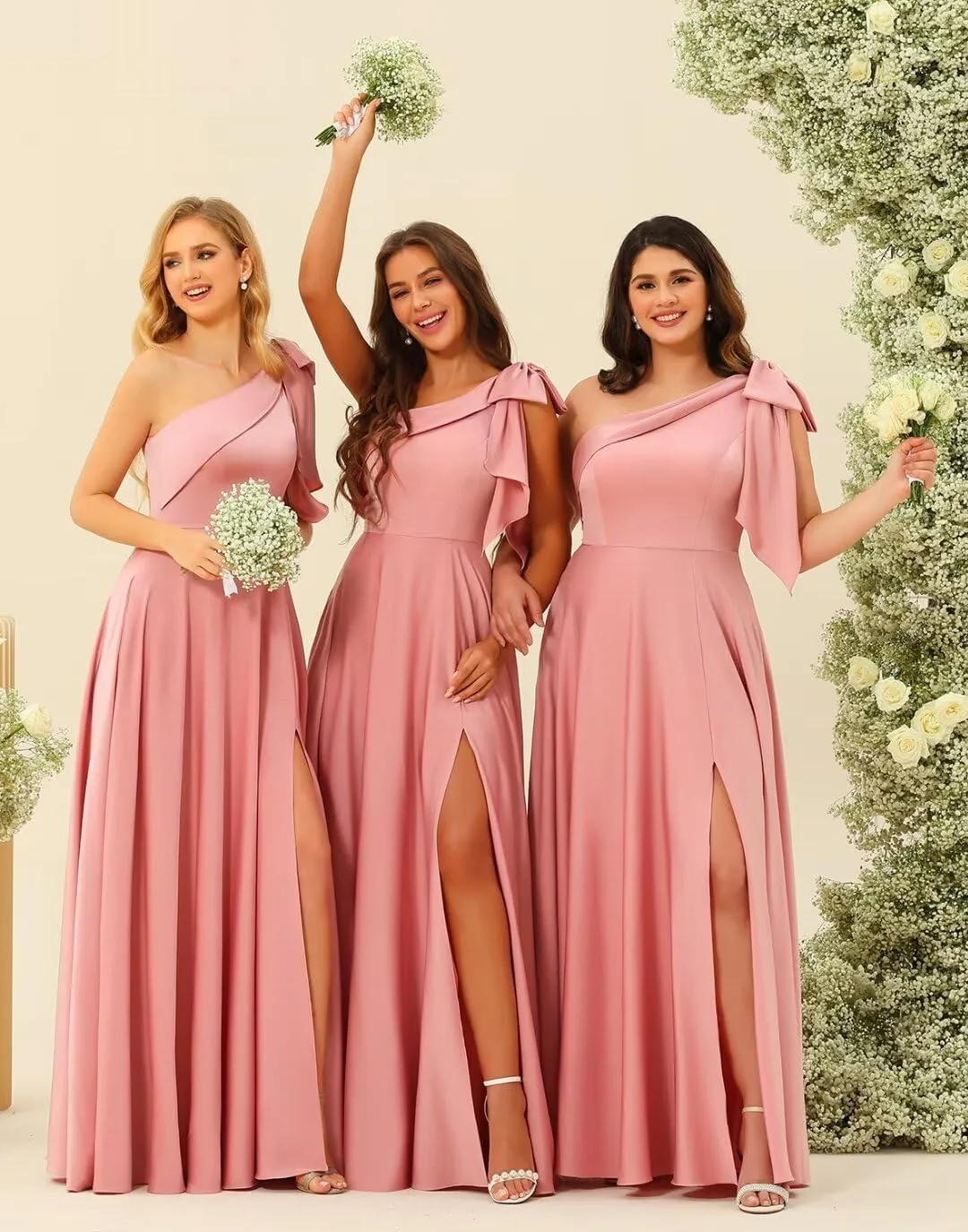 Women's One Shoulder Satin Bridesmaid Dresses with Bow Long A Line Formal Dress with Split AD038