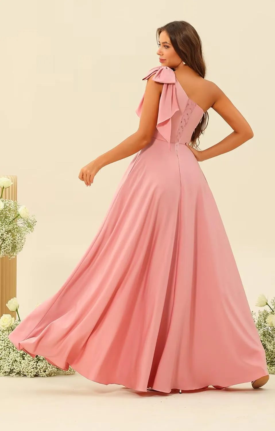 Women's One Shoulder Satin Bridesmaid Dresses with Bow Long A Line Formal Dress with Split AD038