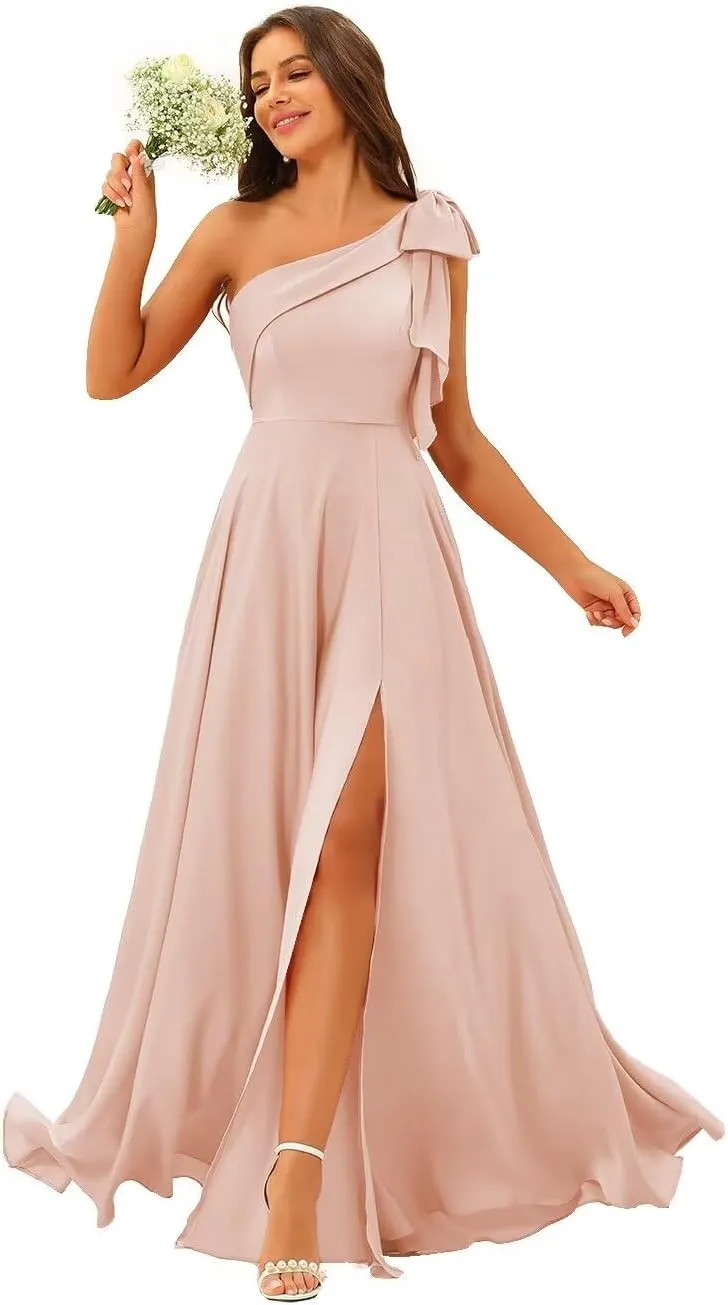 Women's One Shoulder Satin Bridesmaid Dresses with Bow Long A Line Formal Dress with Split AD038