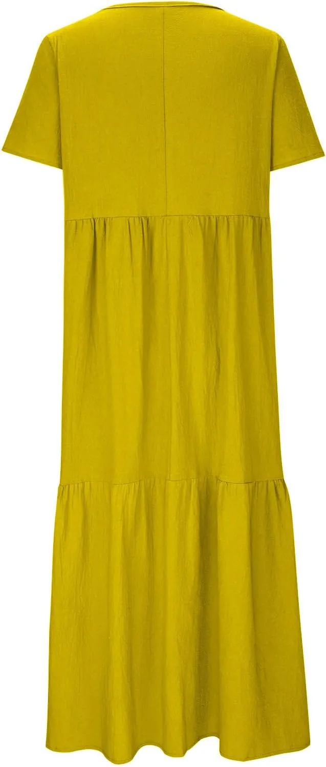 Womens Oversized Long Dress Flowy Cotton Linen Maxi Dresses Smocked Casual Floor Length Beach Dress Baggy Sundresses