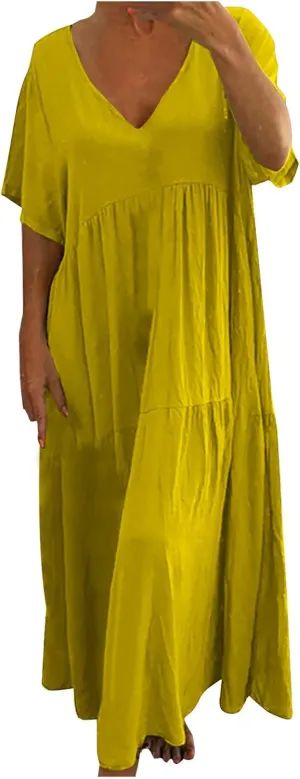 Womens Oversized Long Dress Flowy Cotton Linen Maxi Dresses Smocked Casual Floor Length Beach Dress Baggy Sundresses