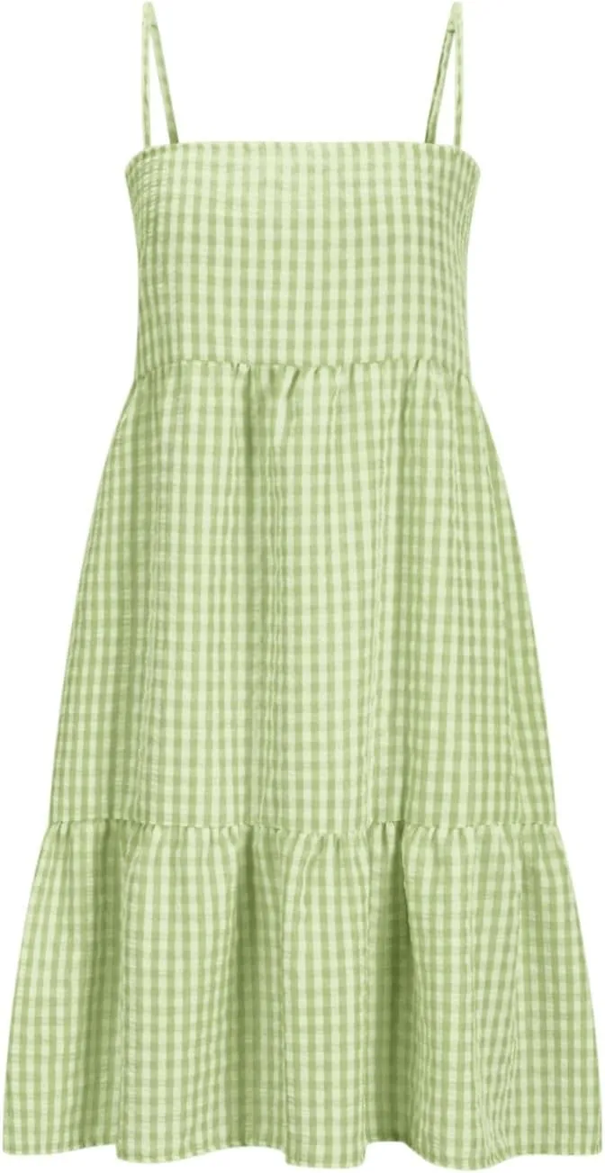 Womens Plaid A-Line Dresses Adjustable Shoulder Straps Ruffle Hem Casual Mini Dress Beach Sundress with Side Pockets