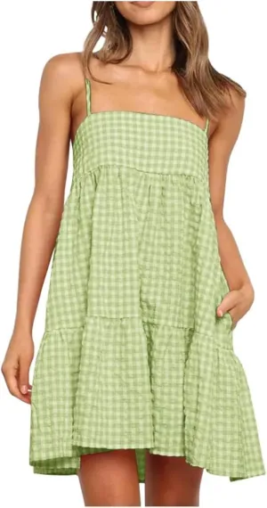 Womens Plaid A-Line Dresses Adjustable Shoulder Straps Ruffle Hem Casual Mini Dress Beach Sundress with Side Pockets