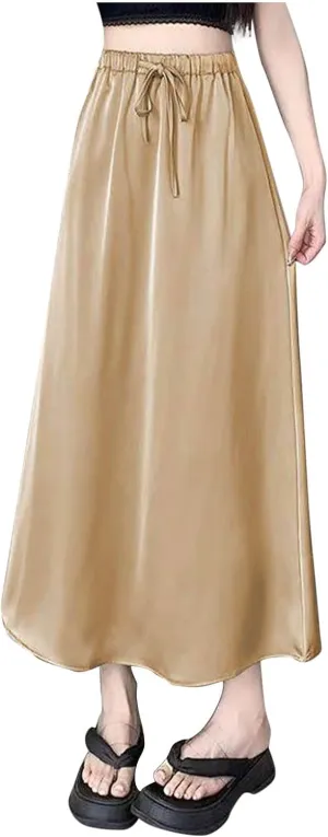 Women's Plus Size Satin Skirts 2025 Fashion Drawstring High Waisted Going Out Skorts Casual Summer Solid Loose Skirt