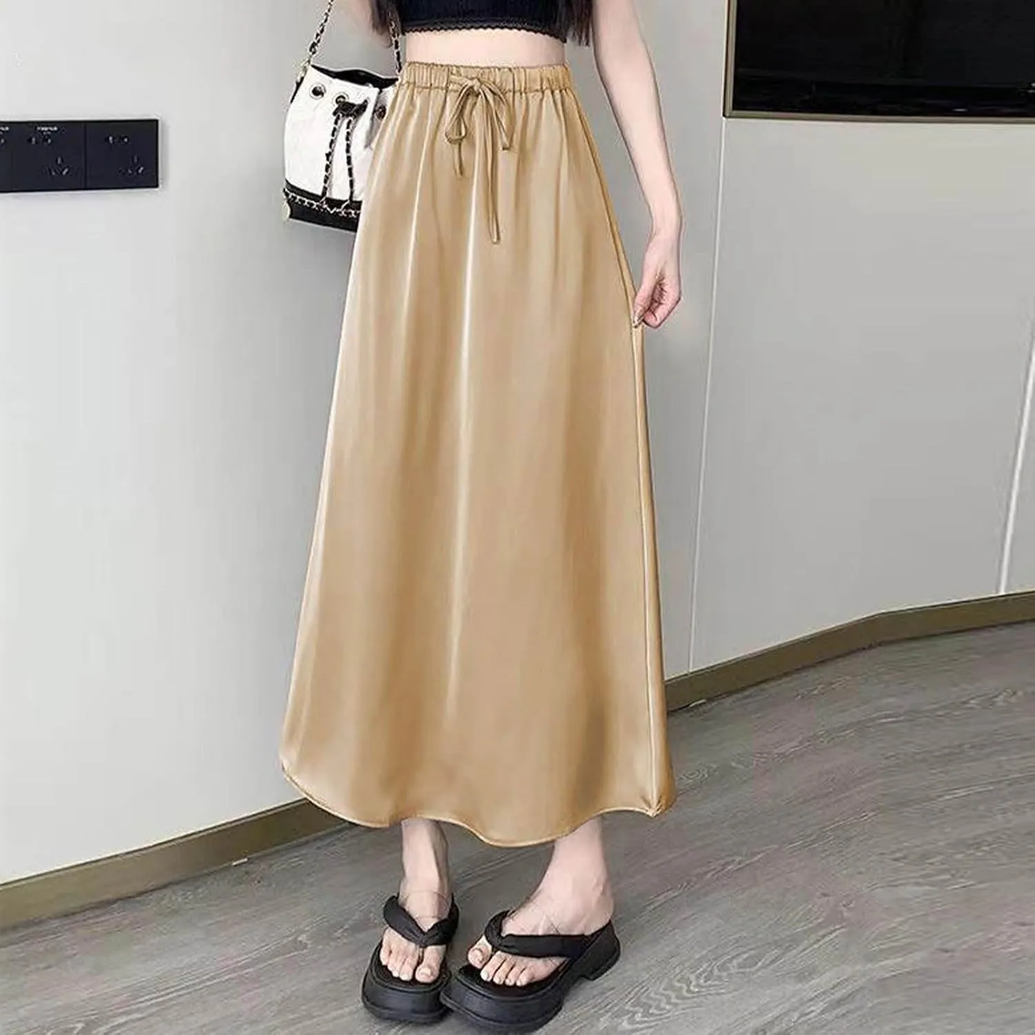 Women's Plus Size Satin Skirts 2025 Fashion Drawstring High Waisted Going Out Skorts Casual Summer Solid Loose Skirt